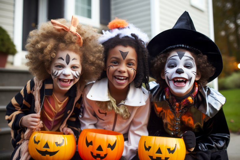 three kids trick or treating 